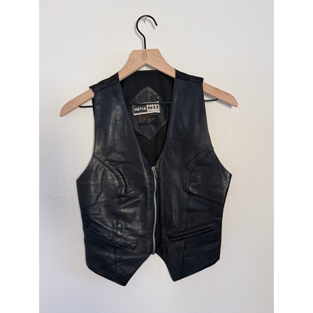 Vintage Mona Mode Black Leather Zip Vest Cropped Cinch Back Y2K